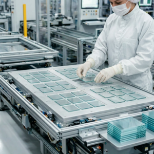 Industrial robotic arm handling glass panels on automated manufacturing conveyor